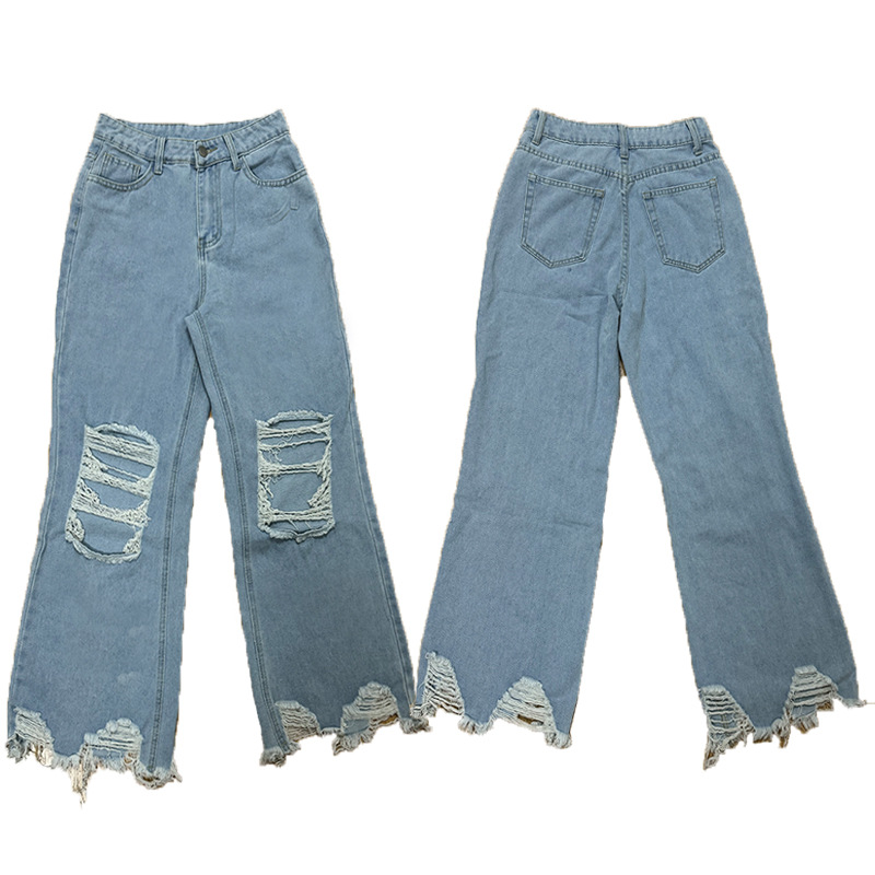 Women’s Vintage Wide-Leg Loose Straight-Leg Ripped Long Jeans