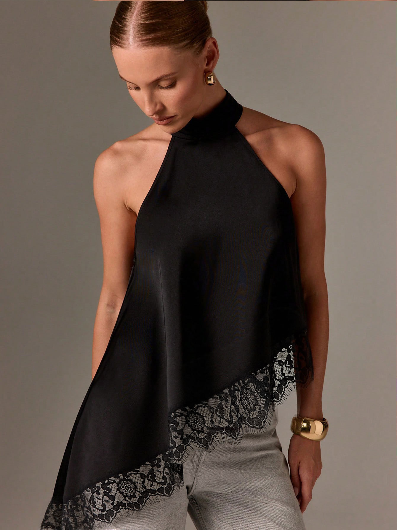 Women’s Summer Satin Patchwork Lace Sleeveless Halter Neck New Arrival Off-Shoulder Asymmetric Top