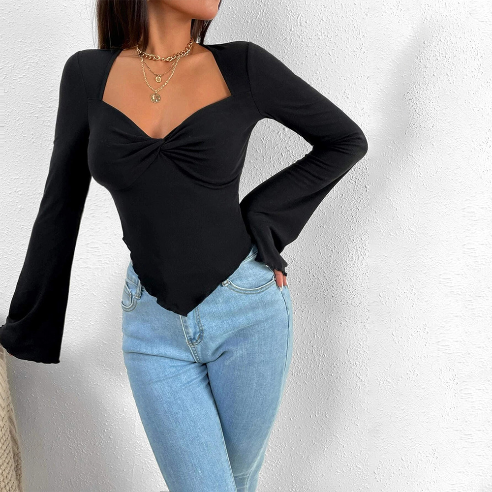 Women’s Resort V-Neck Flare Sleeve Waist-Cinching Asymmetric Knit Long Sleeve T-Shirt Top