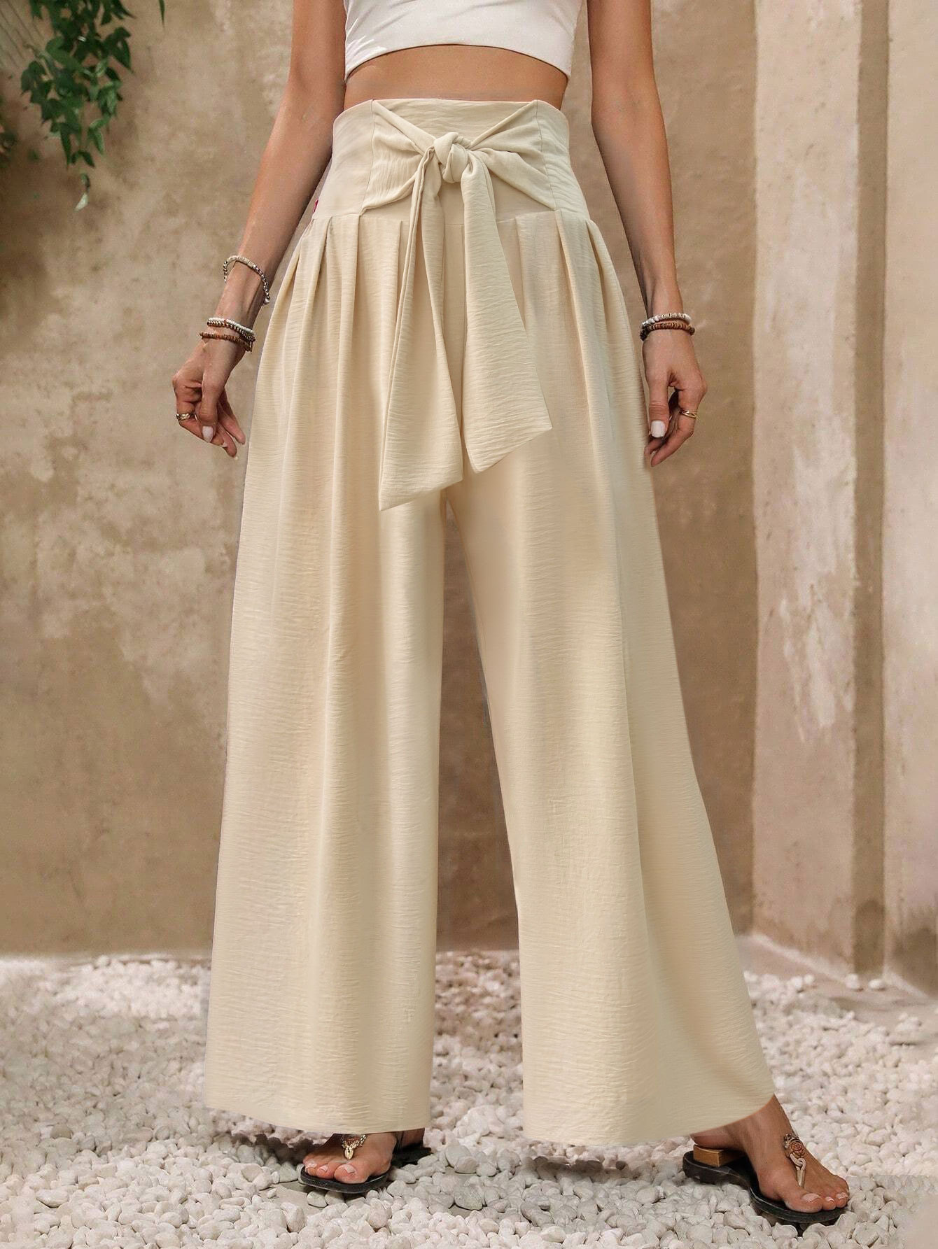 Women’s Fashion Summer New Arrival Solid Wide-Leg Pants – High-Waist Tie Design Unique Casual Draping Straight-Long Pants