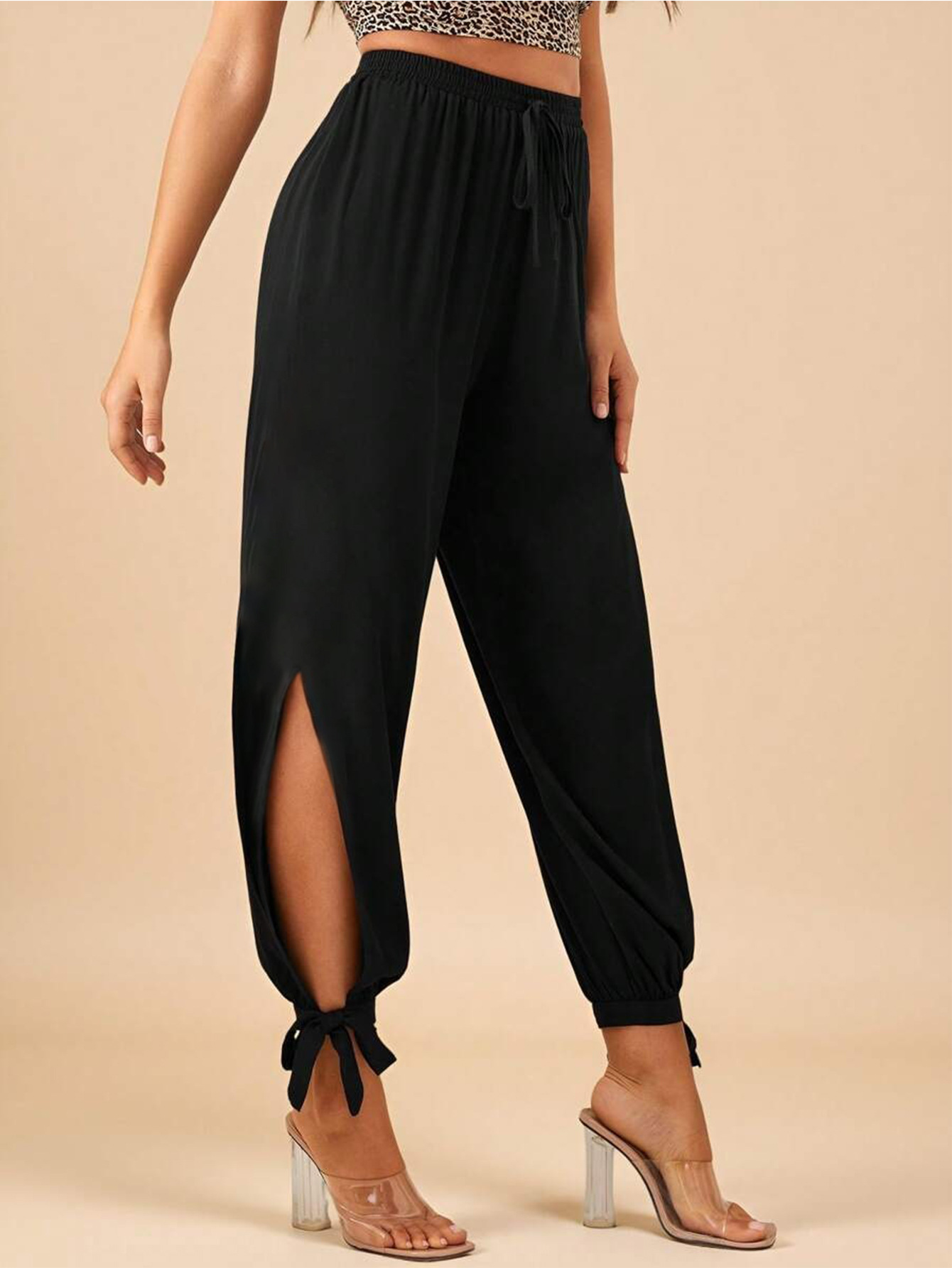 Women’s Retro Fashion Commuter Black High-Waist Drawstring Slit Tie Elastic Cuff Casual Pants
