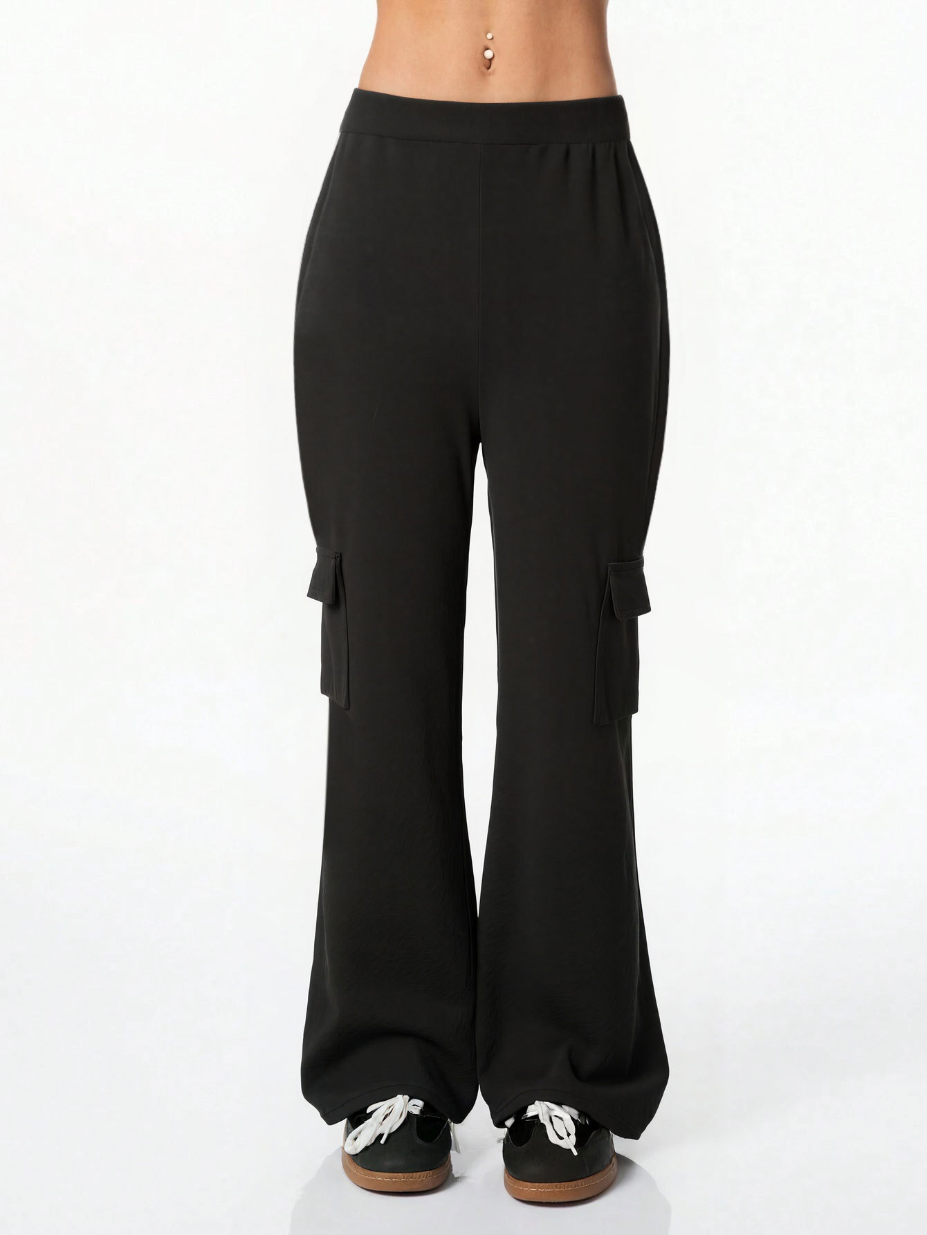 Women’s Black Spring/Fall New Arrival Pants – Elastic Waist Side Pocket Casual Fashion Flared Long Pants