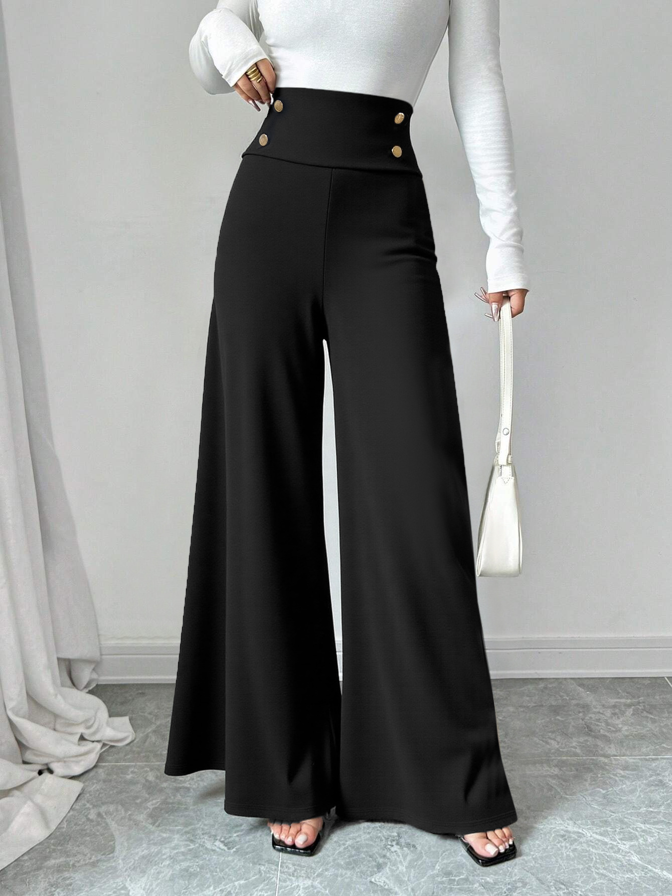 Women’s Black High-Waist Wide-Leg Pants – Slimming Draping Floor-Length Straight Pants with Metal Button Detail – Commuter Office Trousers