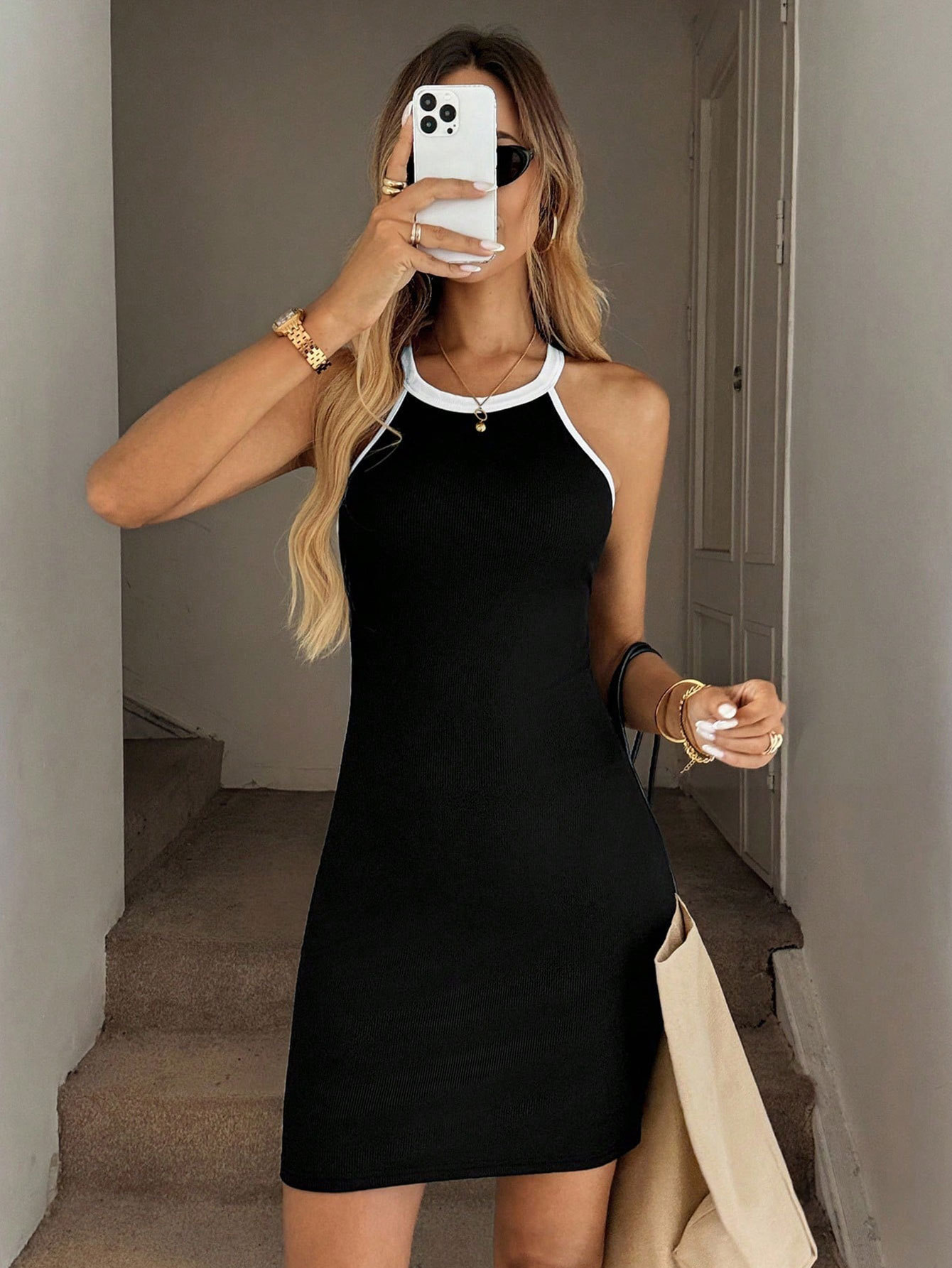 Women’s Black Color-Block Patchwork Sleeveless Cotton Dress – Summer New Arrival Round Neck Slim-Fit Tank Short Dress