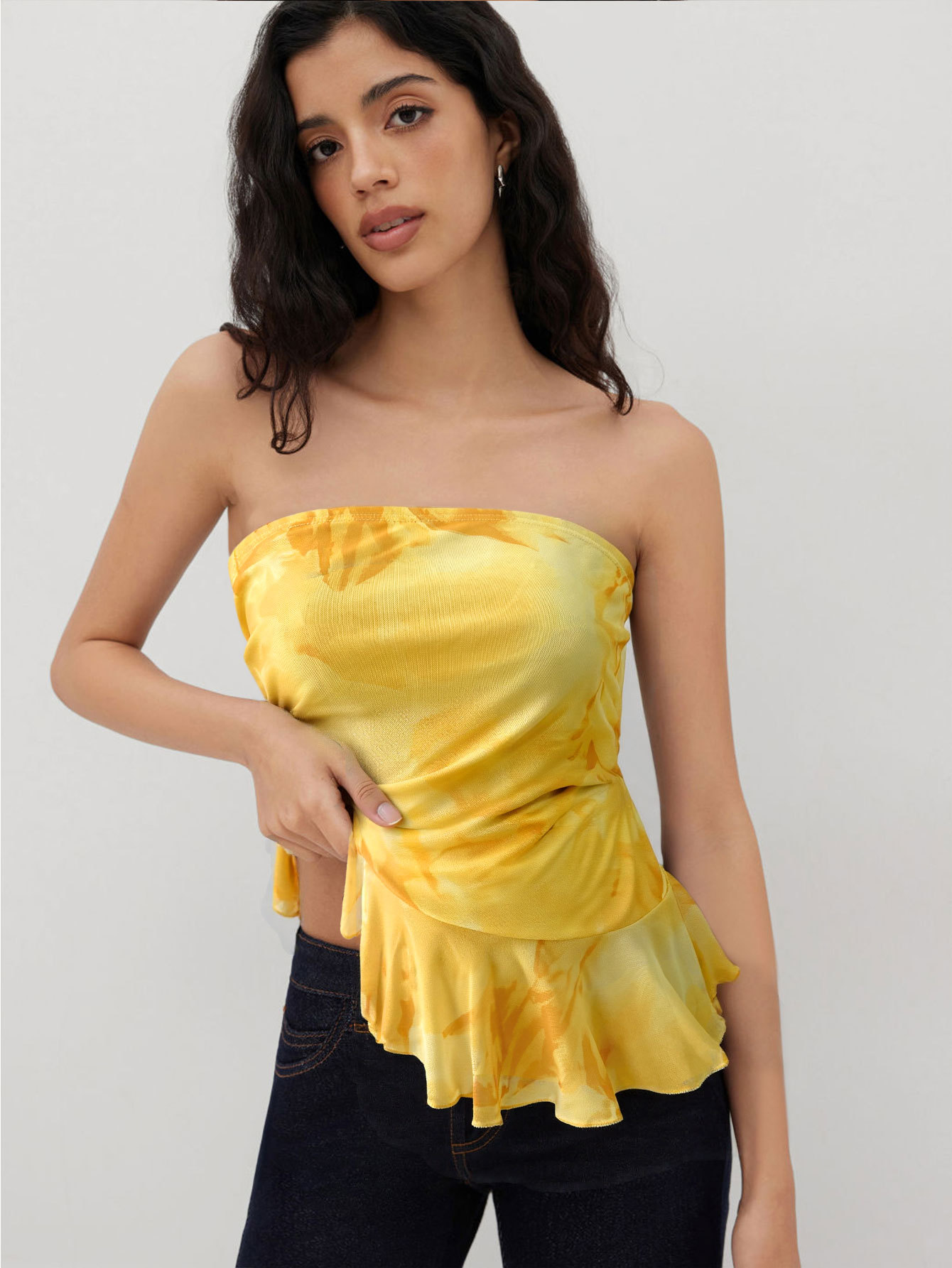Women’s Strapless Tie-Dye Tank Top – Summer Sexy Off-Shoulder Ruffled Crop Top Casual Trendy Ins Style