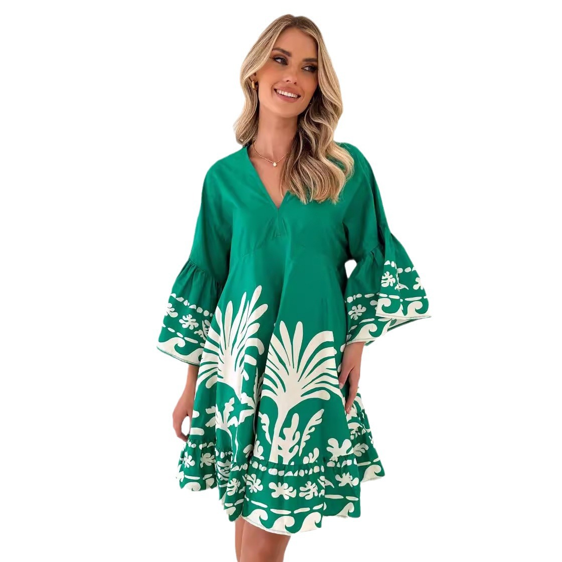 Women’s V-Neck Printed Flared Sleeve Loose Fit Mini Dress