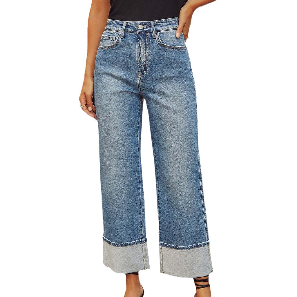Women’s High-Waist Stretch Straight-Leg Long Jeans – Spring New Arrival, Quality Vintage Cuffed Style