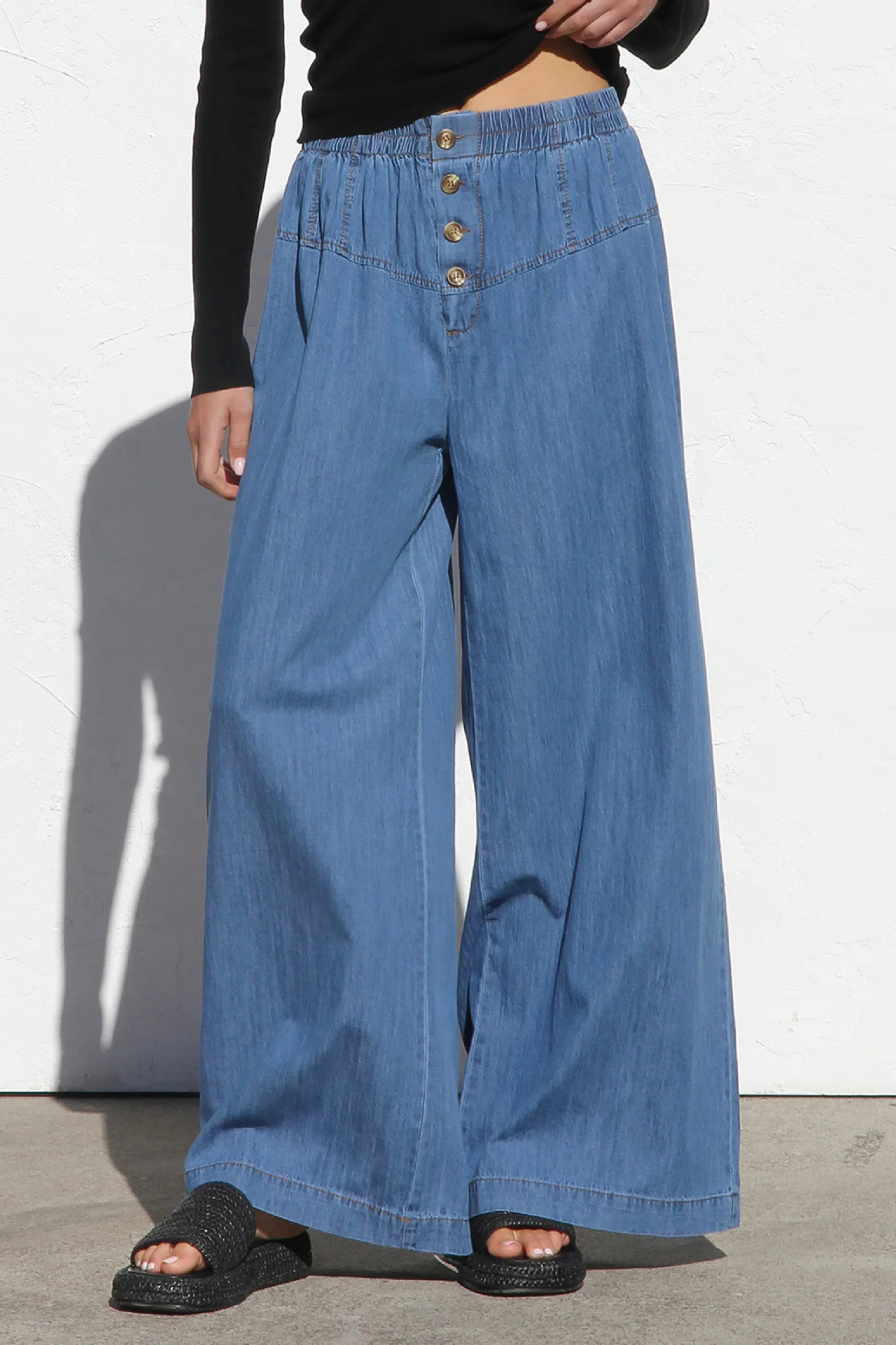 Women’s Spring/Summer Lightweight Elastic Waist Denim Long Pants – Drapey Vintage Wide-Leg Jeans