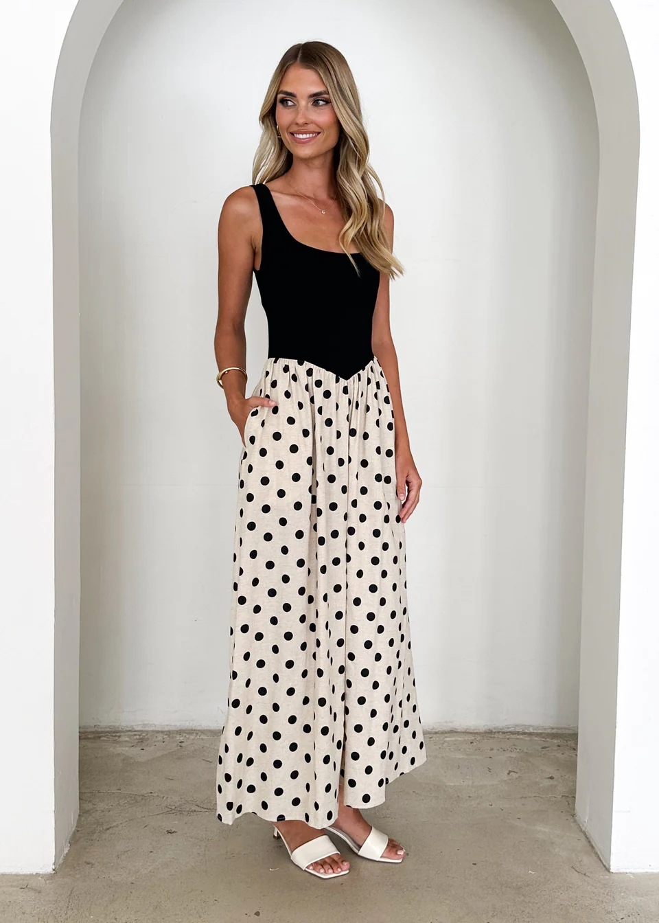 Women’s Spring/Summer New Arrival Polka Dot Print Patchwork U-Neck Flared Elegant Sleeveless Maxi Dress