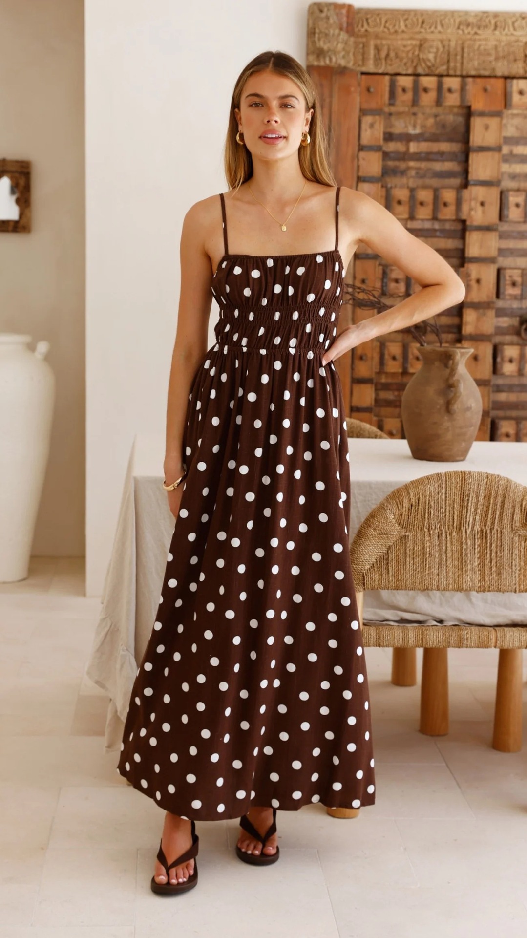 Women’s Spring/Summer New Arrival Polka Dot Print Waist-Cinching Flared French Resort Maxi Dress