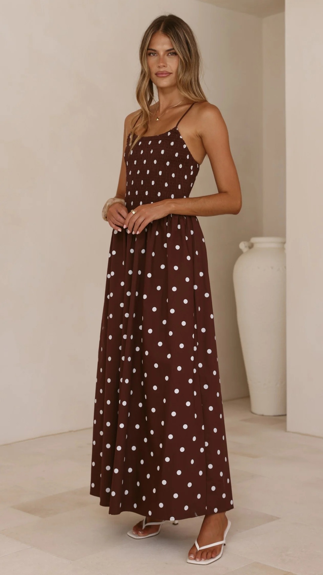 Women’s Spring/Summer New Arrival Polka Dot Print French Round Neck Waist-Cinching Camisole Flared Maxi Dress