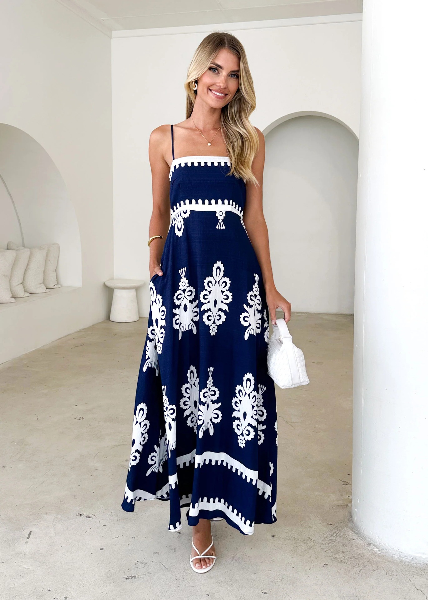 Women’s Summer New Arrival Placement Print Waist-Cinching Flared Strapless Camisole Dress