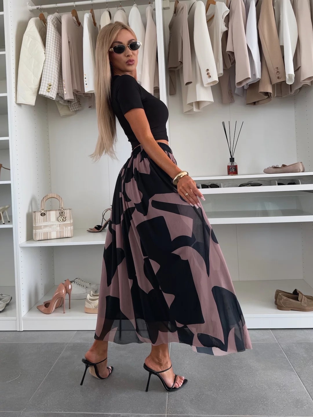 Women’s Mesh Print Waist-Cinching Flared Casual Skirt