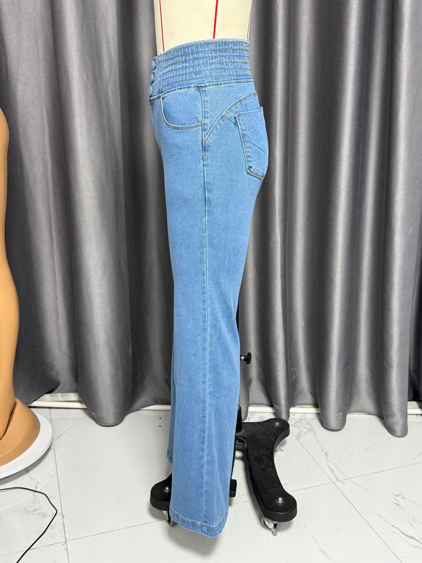 Women’s High-Waist Elastic Waistband Button-Fly Stretch Slim-Fit Wide-Leg Long Jeans