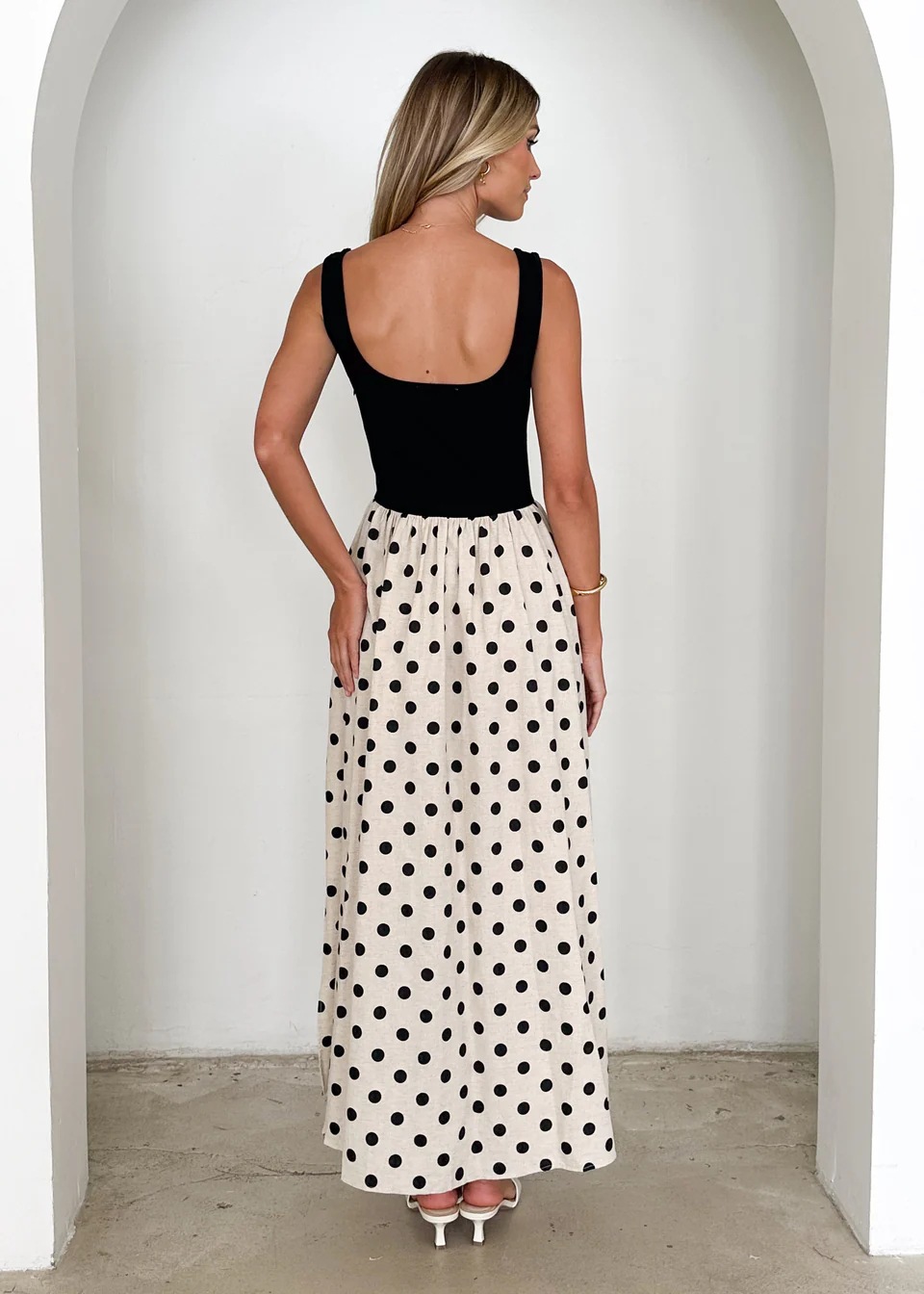 Women’s Spring/Summer New Arrival Polka Dot Print Patchwork U-Neck Flared Elegant Sleeveless Maxi Dress