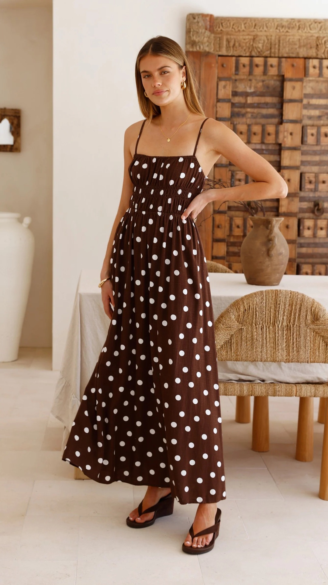 Women’s Spring/Summer New Arrival Polka Dot Print Waist-Cinching Flared French Resort Maxi Dress