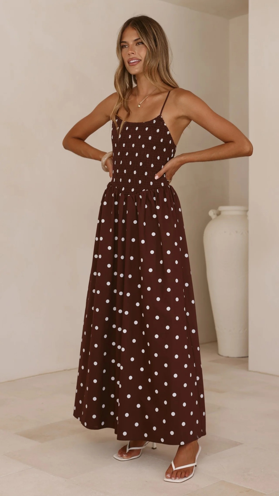 Women’s Spring/Summer New Arrival Polka Dot Print French Round Neck Waist-Cinching Camisole Flared Maxi Dress