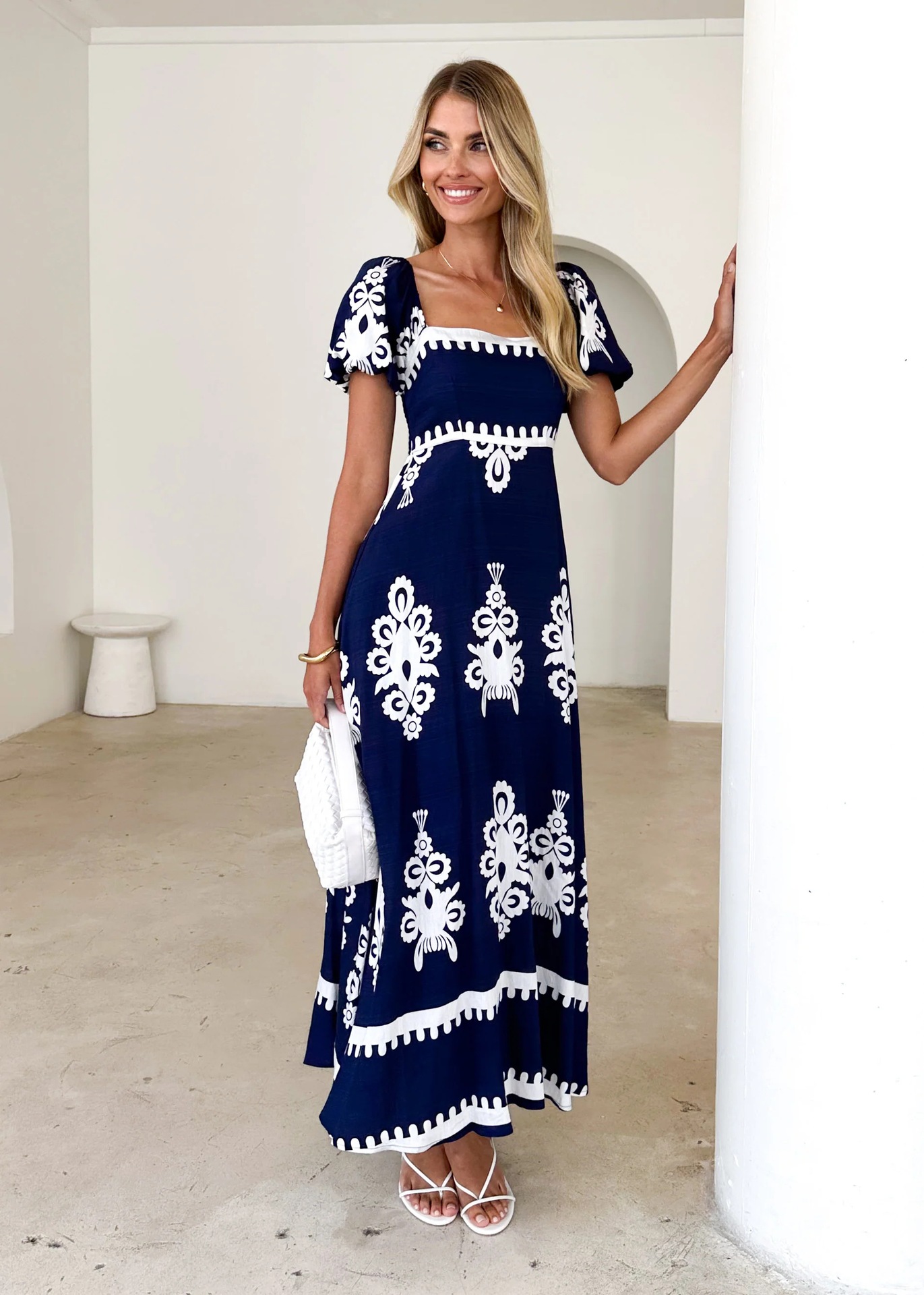 Women’s Summer Resort Style Printed Beach Dress – Shirred Dress