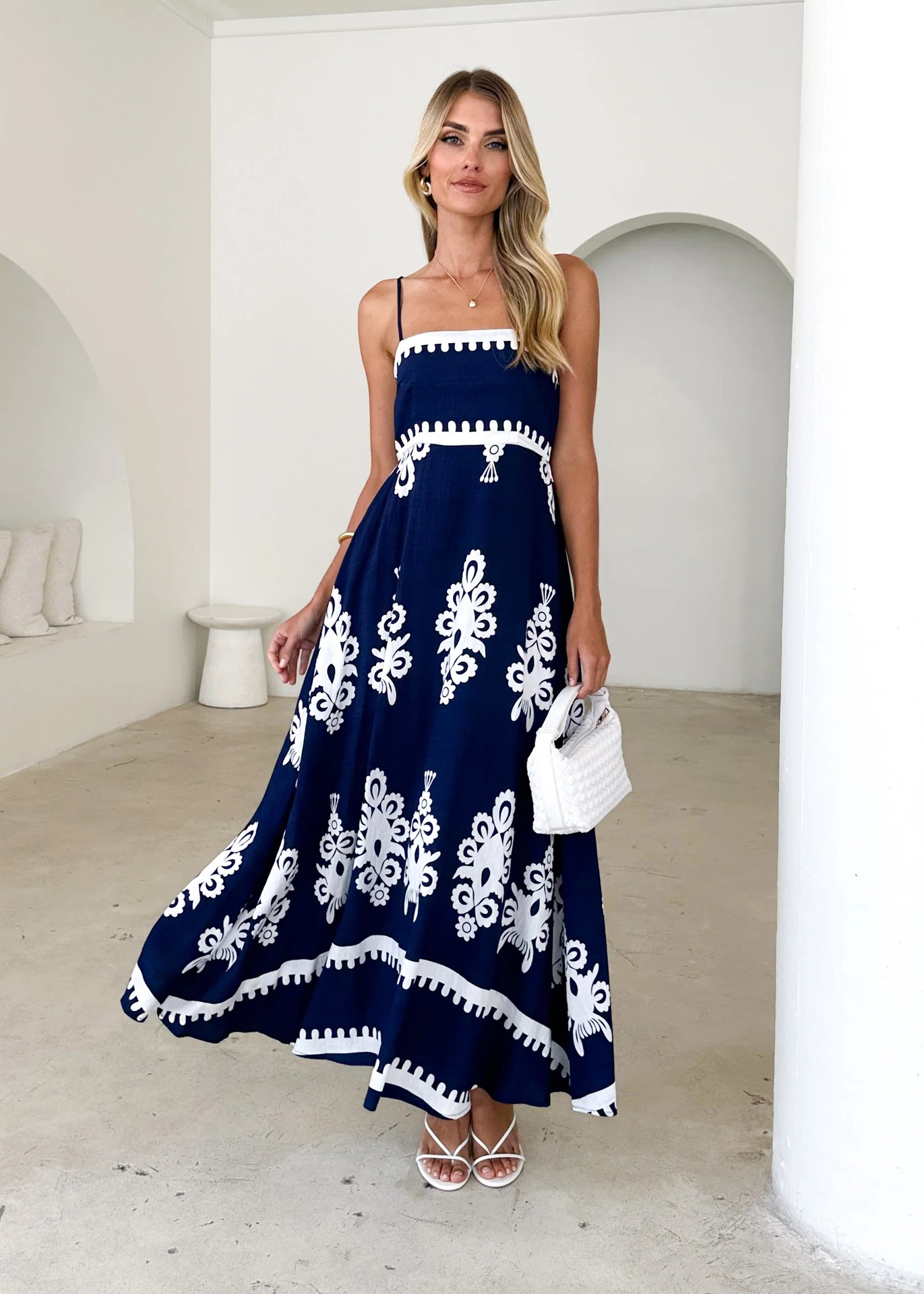 Women’s Summer New Arrival Placement Print Waist-Cinching Flared Strapless Camisole Dress