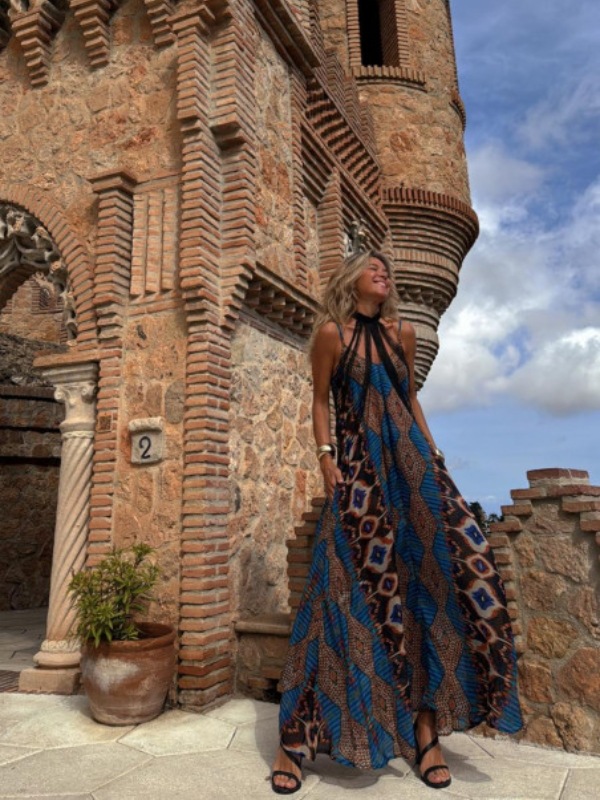 Women’s Summer New Arrival Influencer Style Placement Print Camisole Flared Maxi Dress