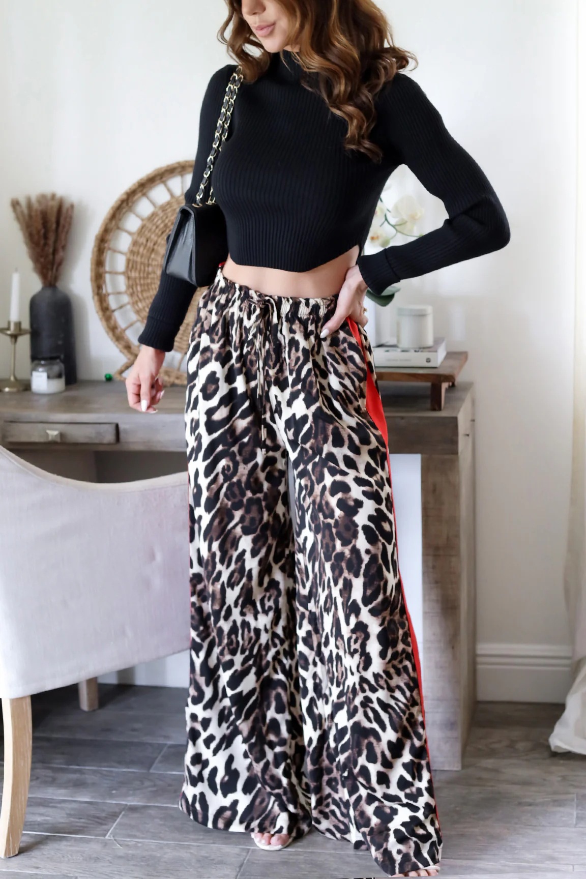 Women’s New Arrival Leopard Print Patchwork Elegant Wide-Leg Long Pants
