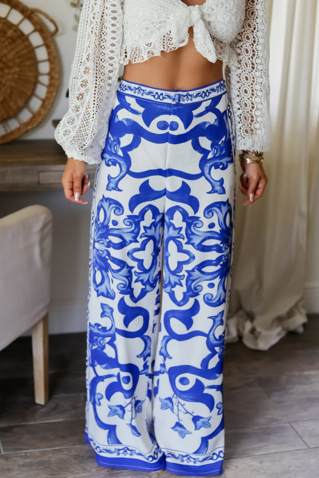 Women’s Summer New Arrival Blue-and-White Porcelain Placement Print Fashion Casual Wide-Leg Straight Pants