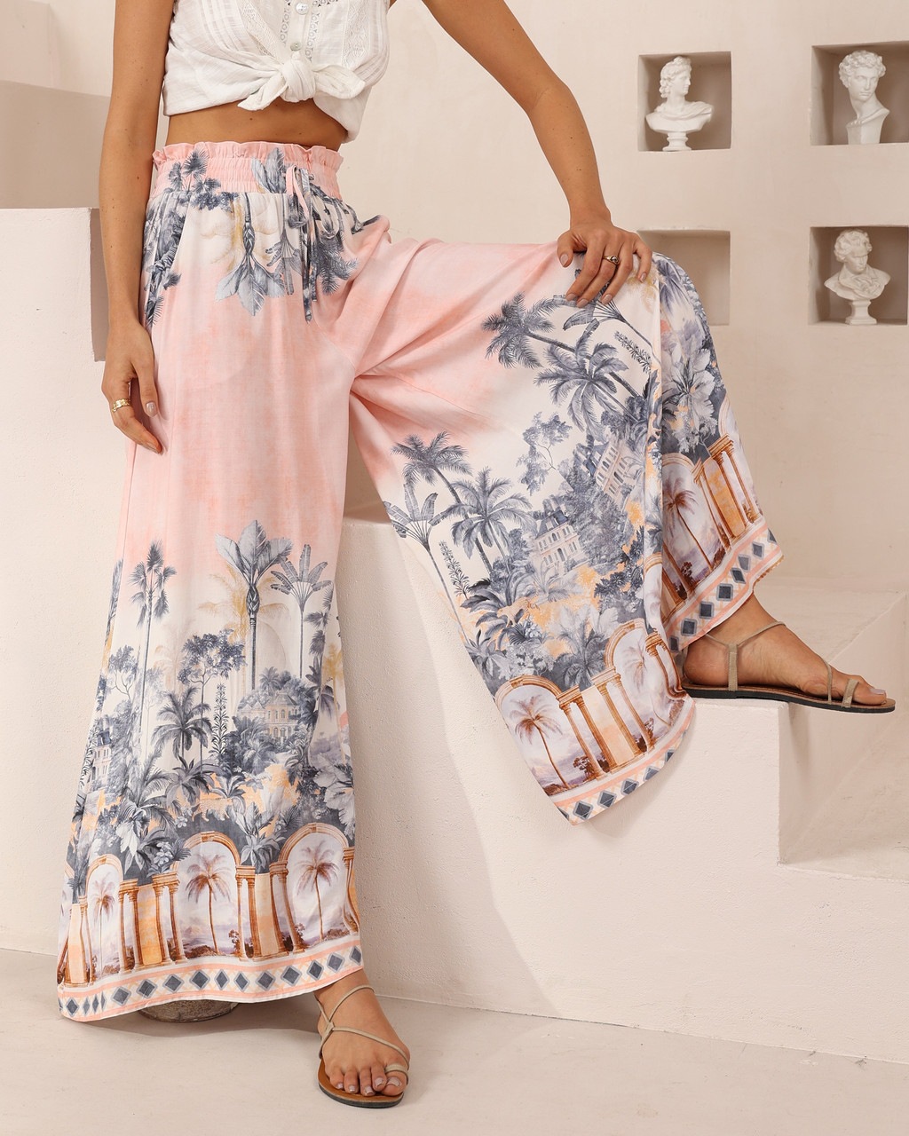 Women’s Summer New Arrival Printed Casual Resort Elastic Waist Wide-Leg Long Pants