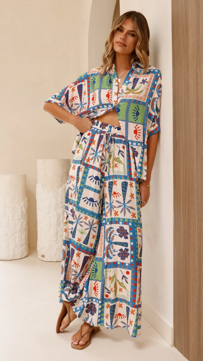 Women’s Summer New Arrival Beach Print Resort Casual Loose Short Sleeve Shirt + Wide-Leg Pants Set