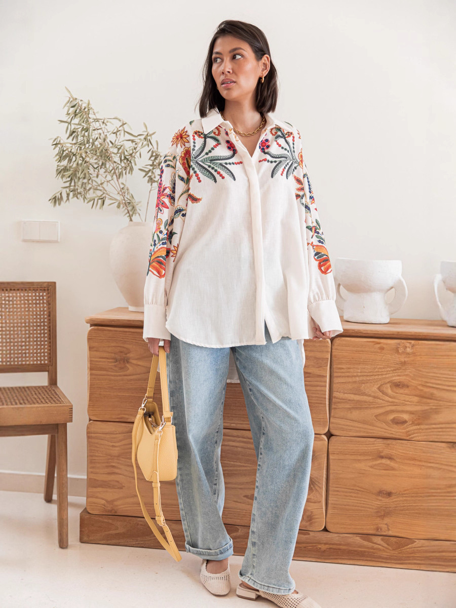 Women’s New Arrival Placement Print Loose Plus Size Casual Long Sleeve Shirt