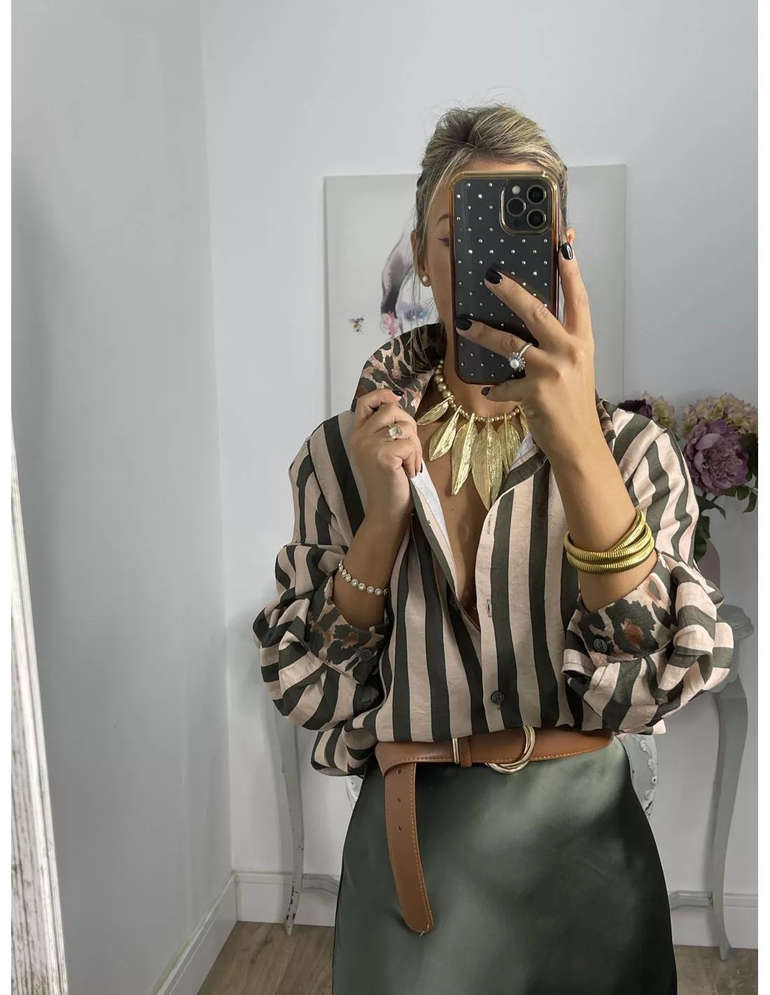 Women’s Striped Long Sleeve Shirt – Fall New Arrival Stripe & Leopard Print Loose Casual Shirt