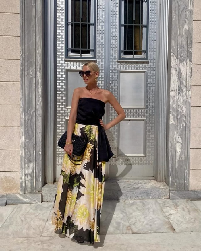 Women’s Influencer Style Sexy Strapless Top + Printed Flared Skirt Set