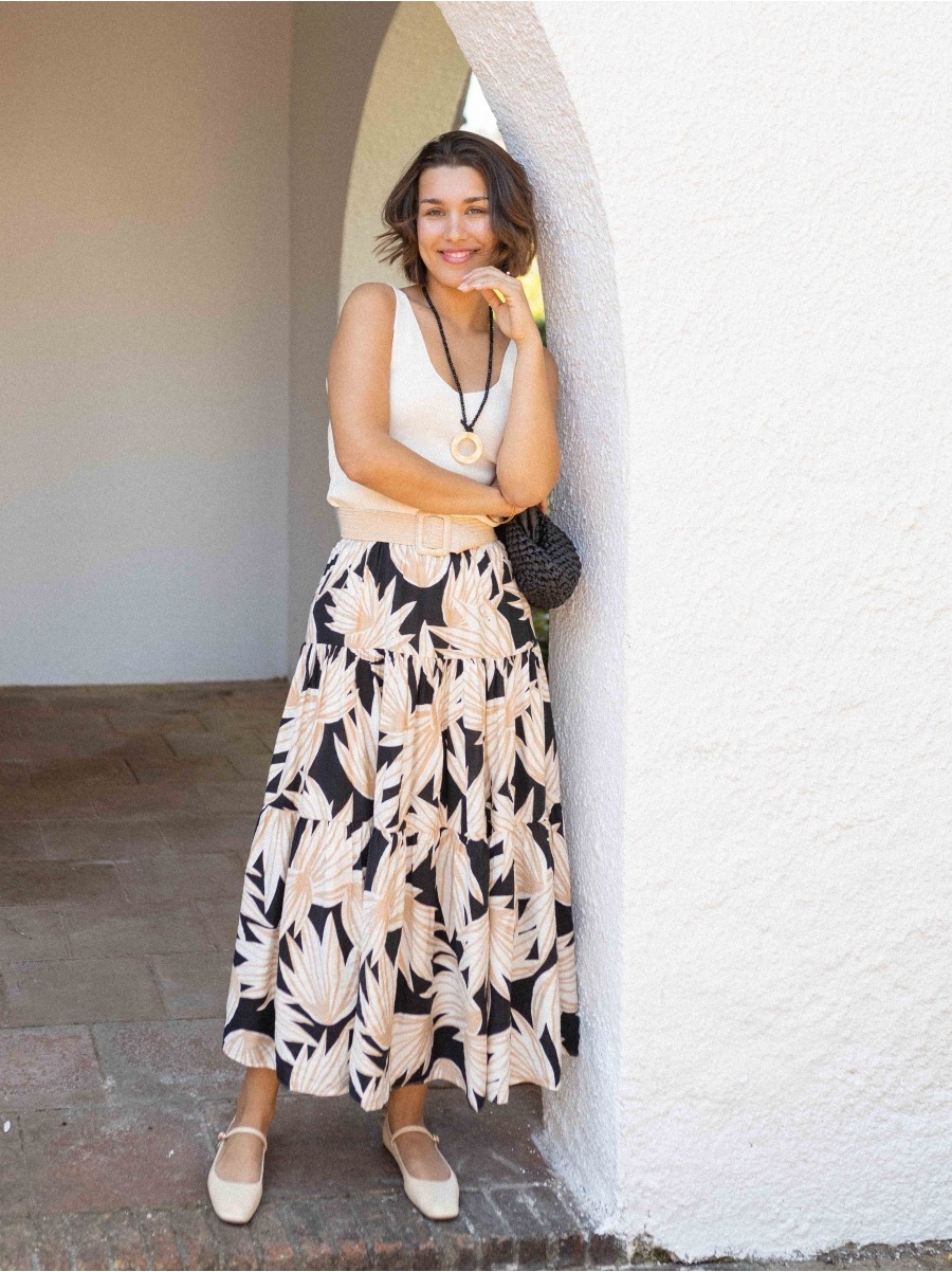 Women’s Ins Influencer Style Print Elastic Waist Flared Casual Resort Skirt