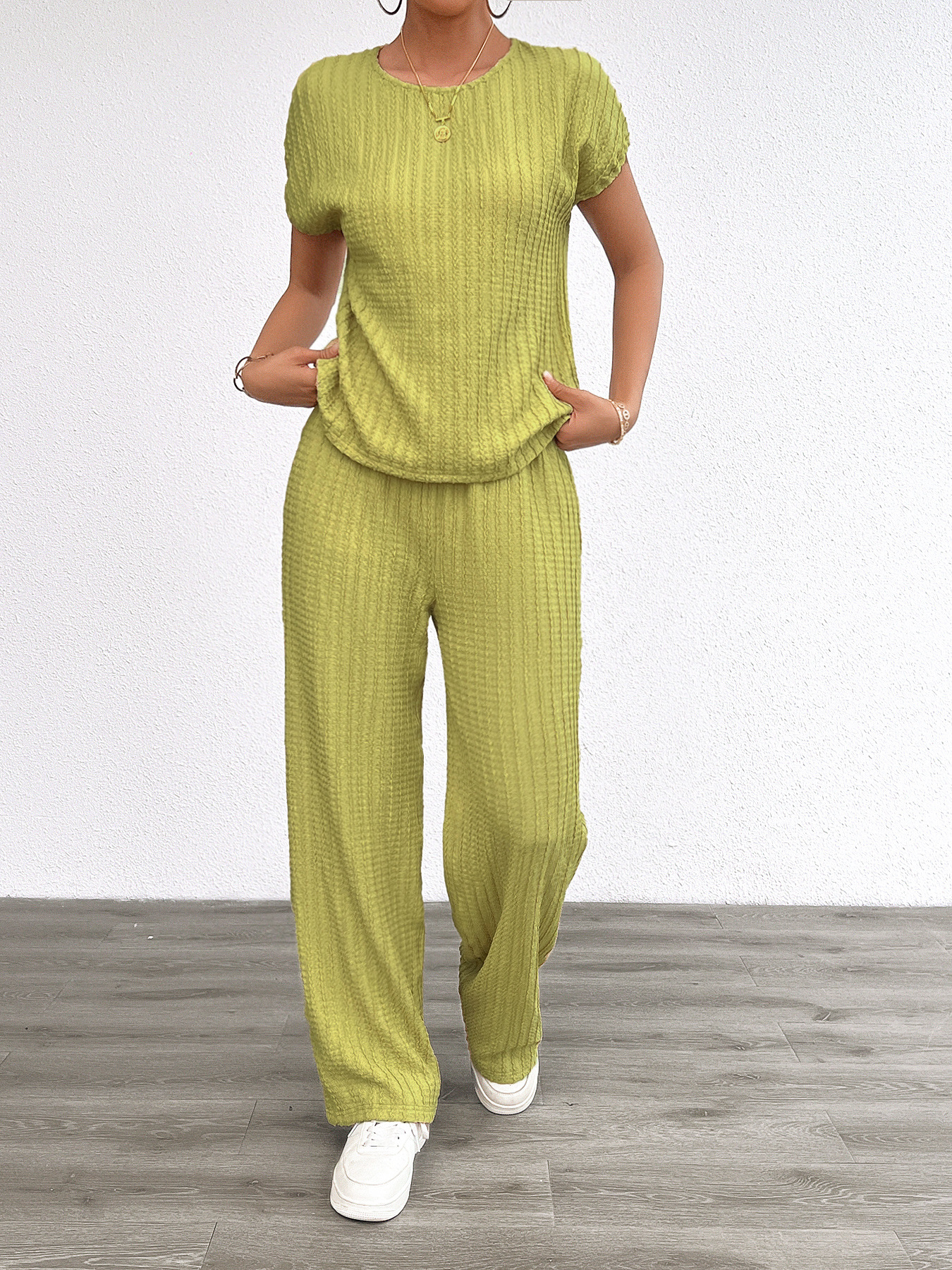 Women’s Summer Casual Fashion Two-Piece Set – Bestseller Ribbed Long Pants Lounge Set with Thousand-Leaf Pleat