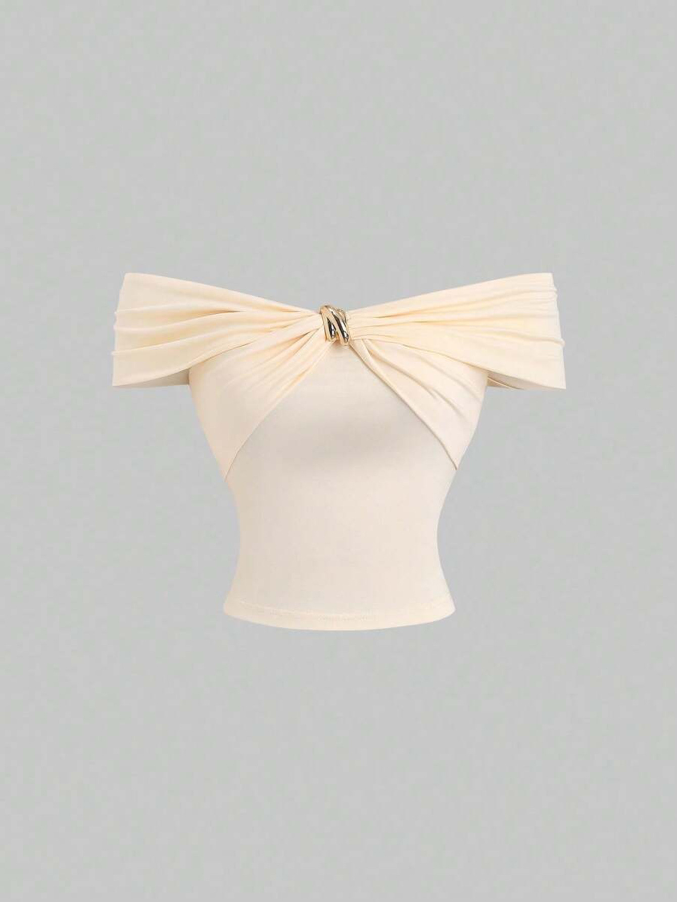 Women’s Unique Off-White Off-Shoulder Short Sleeve Top – Fashion Metal Button Slim-Fit Crop T-Shirt