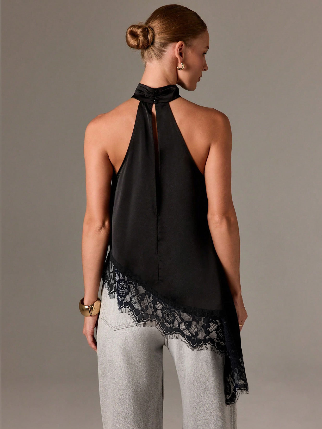 Women’s Summer Satin Patchwork Lace Sleeveless Halter Neck New Arrival Off-Shoulder Asymmetric Top