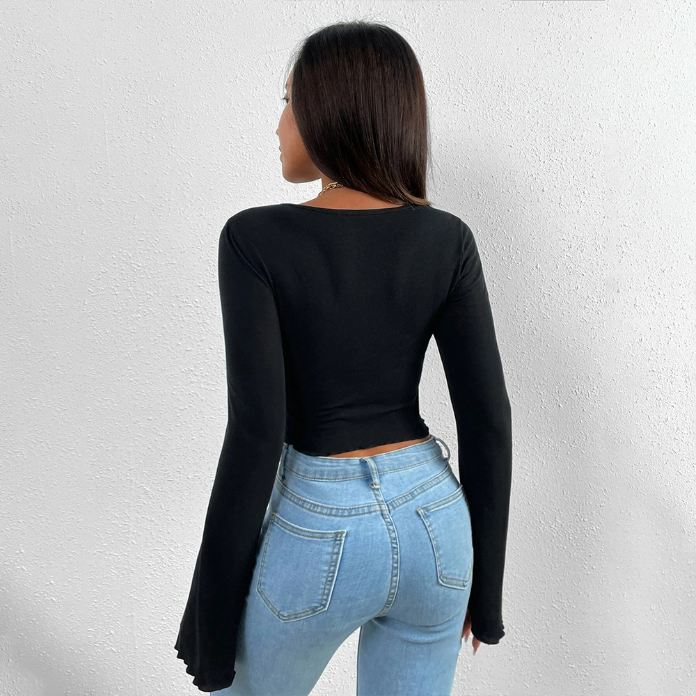 Women’s Resort V-Neck Flare Sleeve Waist-Cinching Asymmetric Knit Long Sleeve T-Shirt Top