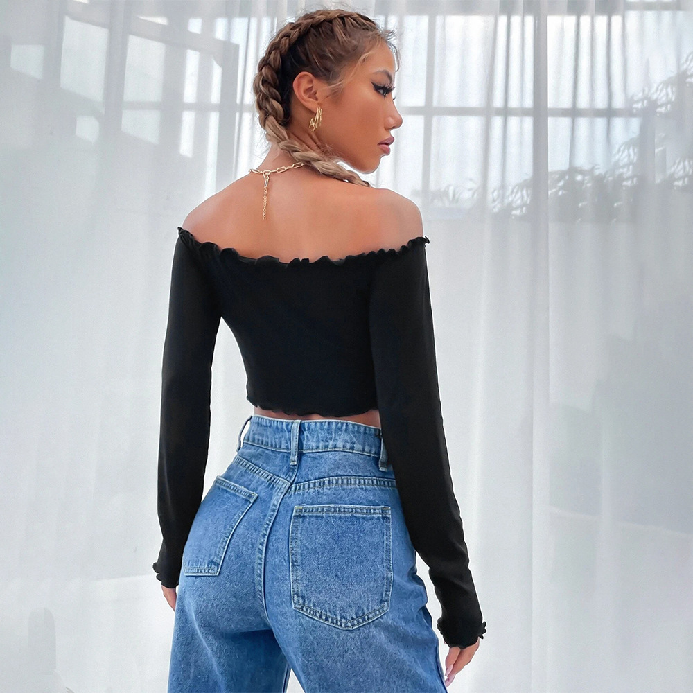 Women’s Streetwear Hot Girl Influencer Casual Off-Shoulder Knit Long Sleeve Cropped T-Shirt Top