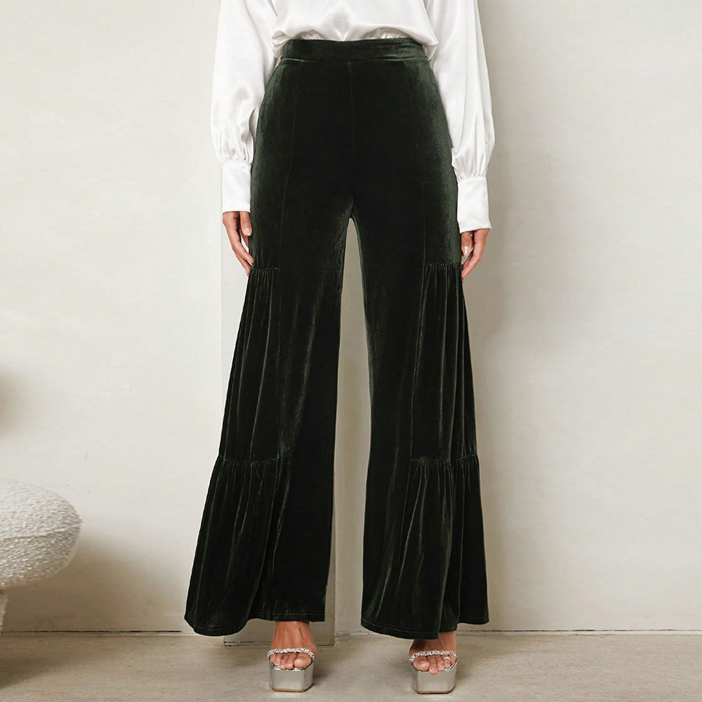 Women’s Fall/Winter Velvet Wide-Leg Pants – Ruffled High-Waist Straight Loose Slimming Elegant Long Pants