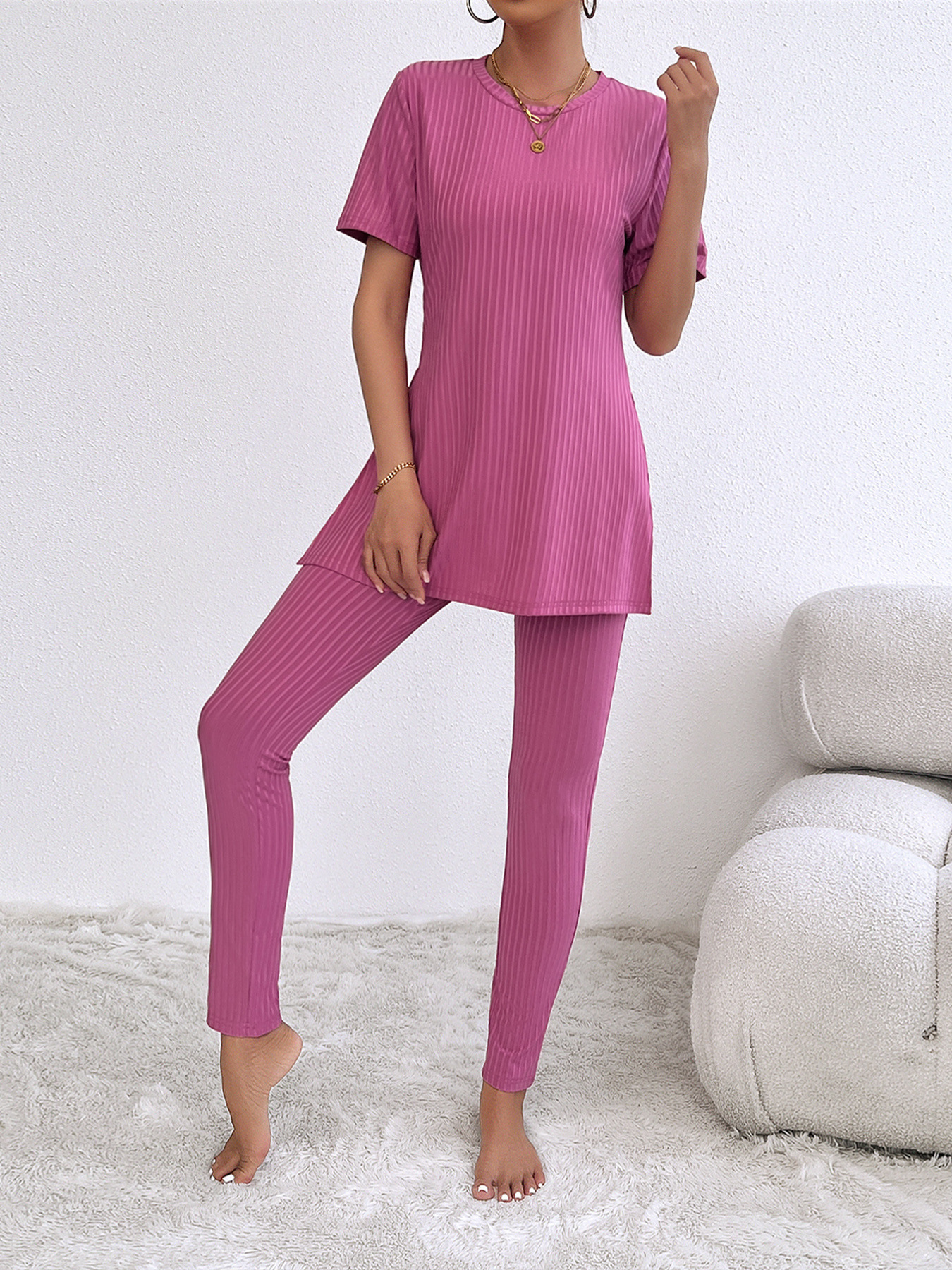 Women’s Solid Ribbed Long Sleeve Set – Spring/Summer Fashion Casual Versatile Elegant Slim-Fit