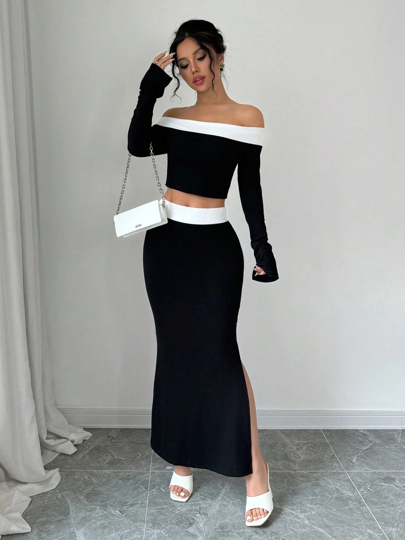 Women’s Sexy Off-Shoulder Color-Block Two-Piece Dress – New Slim-Fit High-Waist Slit Skirt Fashion Set