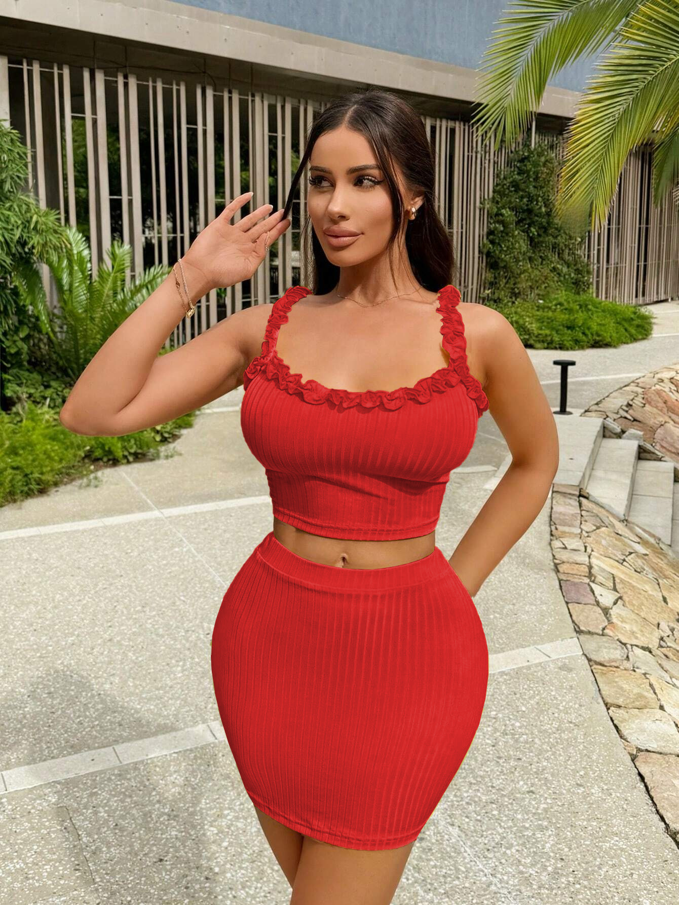 Women’s Ruffled Camisole & Bodycon Skirt Set – 2026 Sexy Fashion Style