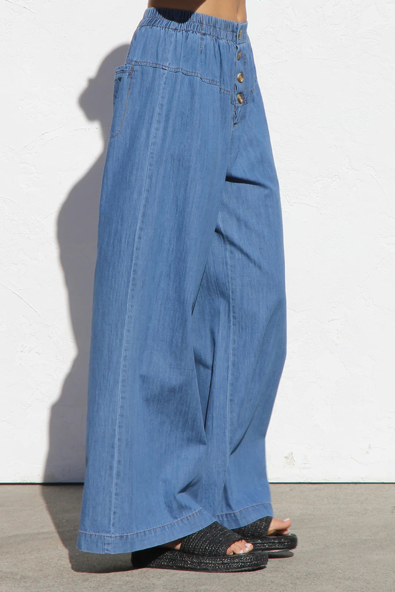 Women’s Spring/Summer Lightweight Elastic Waist Denim Long Pants – Drapey Vintage Wide-Leg Jeans