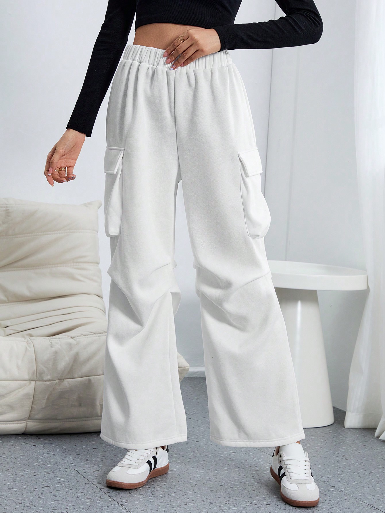 Women’s 2026 Fall/Winter Elastic Waist Cargo Pants – High-Street Loose Straight Wide-Leg Sports Casual Long Pants