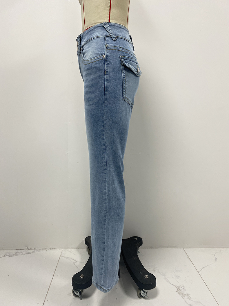 Women’s Spring/Summer Mid-Rise Double Button Straight-Leg Slim-Fit Jeans – Elegant Long Denim Pants