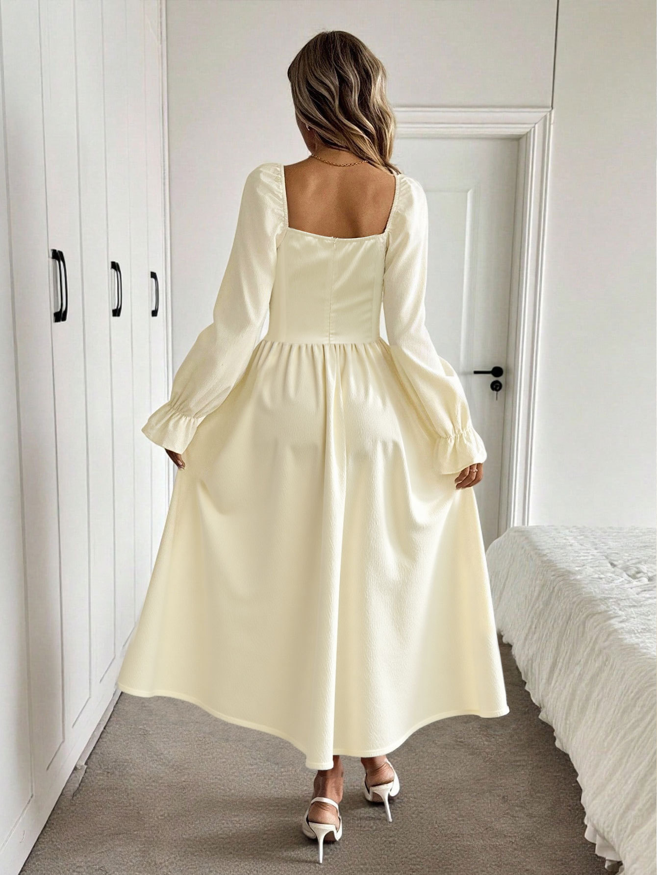 Women’s Soft Style Square Neck Tie Long Sleeve Dress – Ruched Waist-Cinching Slimming A-Line Flared Skirt