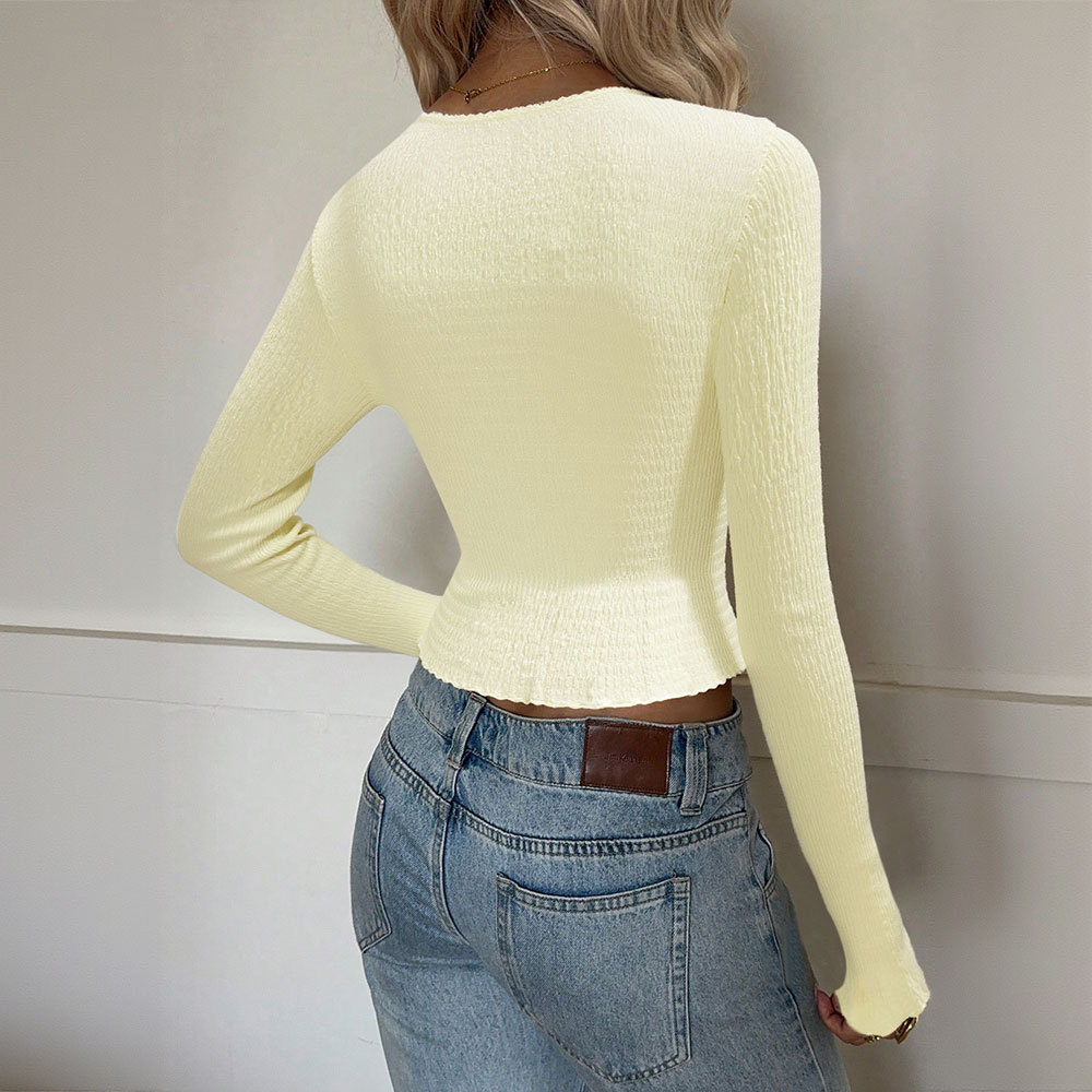 Women’s Square Neck Bow Long Sleeve Ruffled Hem – Spring/Summer Slim-Fit Slimming Waist-Cinching Top