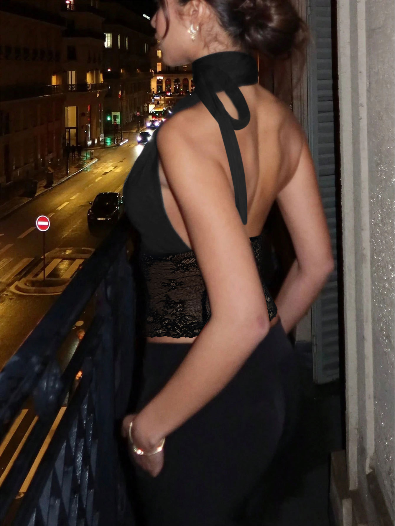 Women’s Black Sleeveless Tank Top – Wide Strap V-Neck Back Tie Cross Strap Lace Patchwork Sexy Top