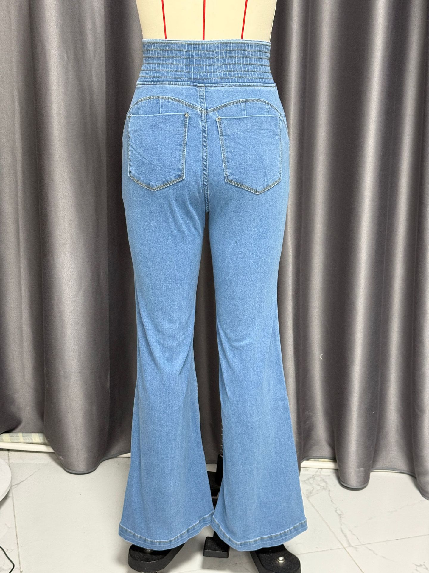 Women’s High-Waist Elastic Waistband Button-Fly Stretch Slim-Fit Wide-Leg Long Jeans