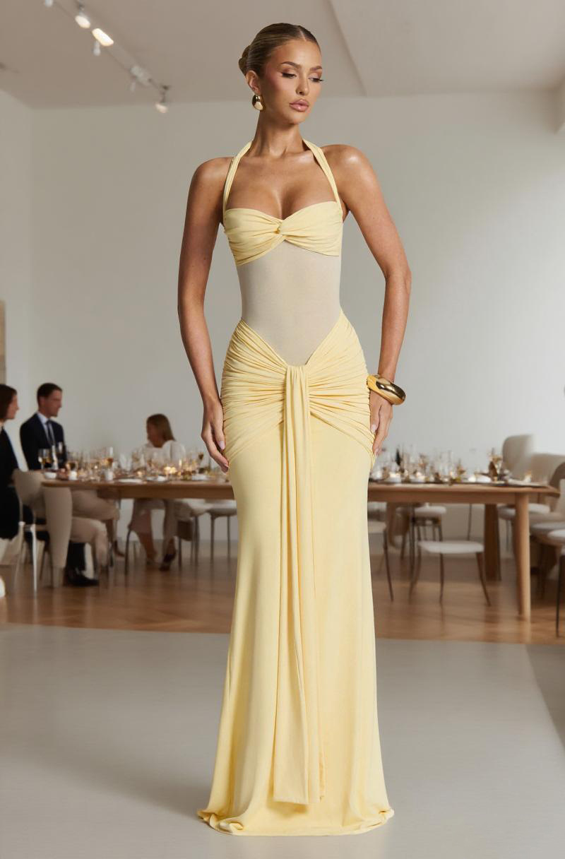 Women’s Halter Tie Mesh Patchwork Streamer Maxi Dress – European & American Style