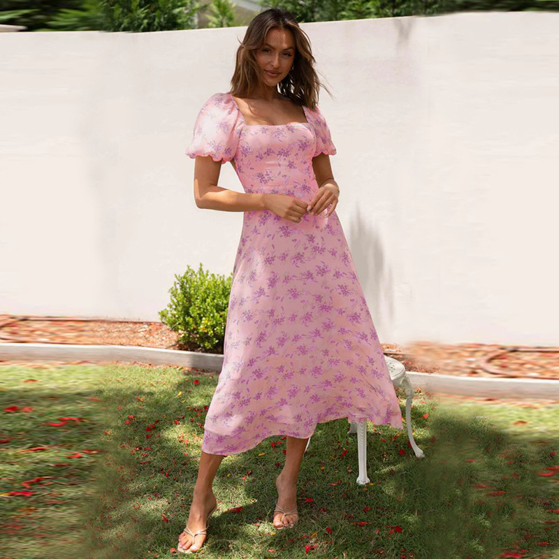 Women’s New Arrival Backless Hot Girl Spring Puff Sleeve Floral Dress – Slimming Light Luxury